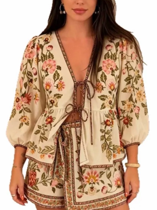 FARM Rio Other - Farm Rio Boho Floral Embroidered Tie-Front Top and Shorts Set - Cream & Pink